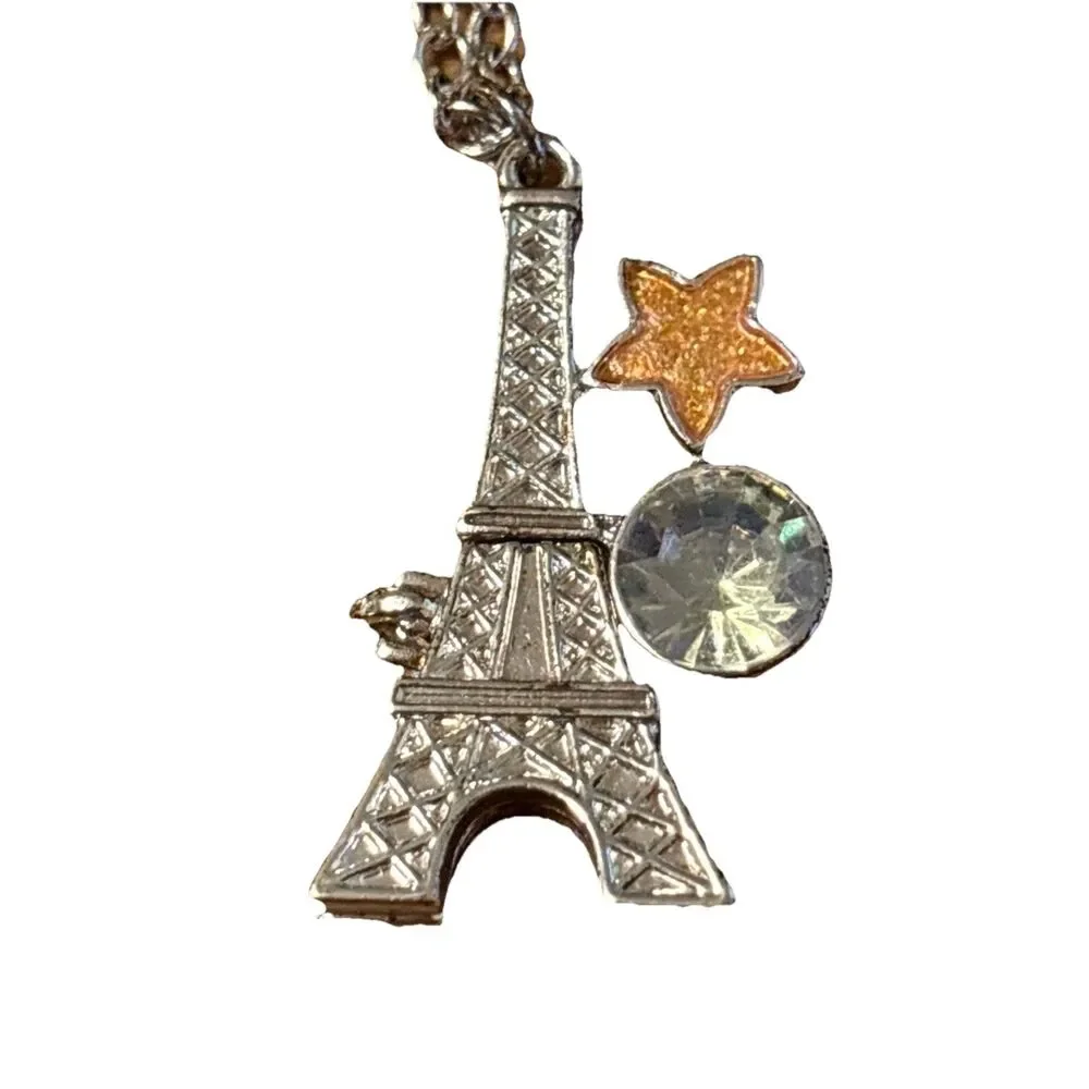 Justice 17” Silvertone Necklace And Pierced Earrings With Eiffel Tower